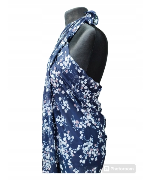 Duża chusta plażowa - eleganckie PAREO XXL szyfon białe kwiatuszki